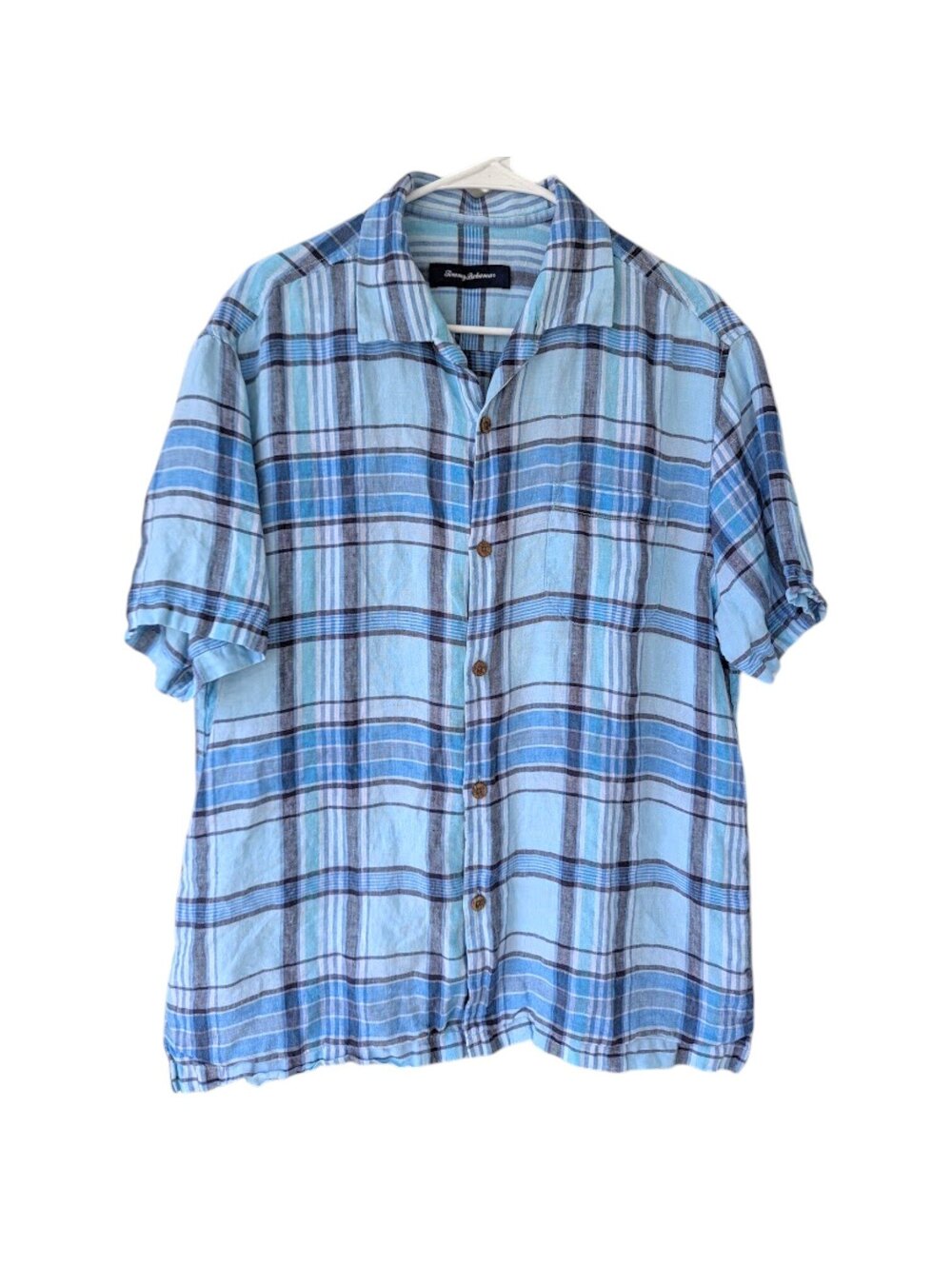Tommy Bahama Linen Shirt Mens Large Light Blue Check Plaid Button Front 23x29.5